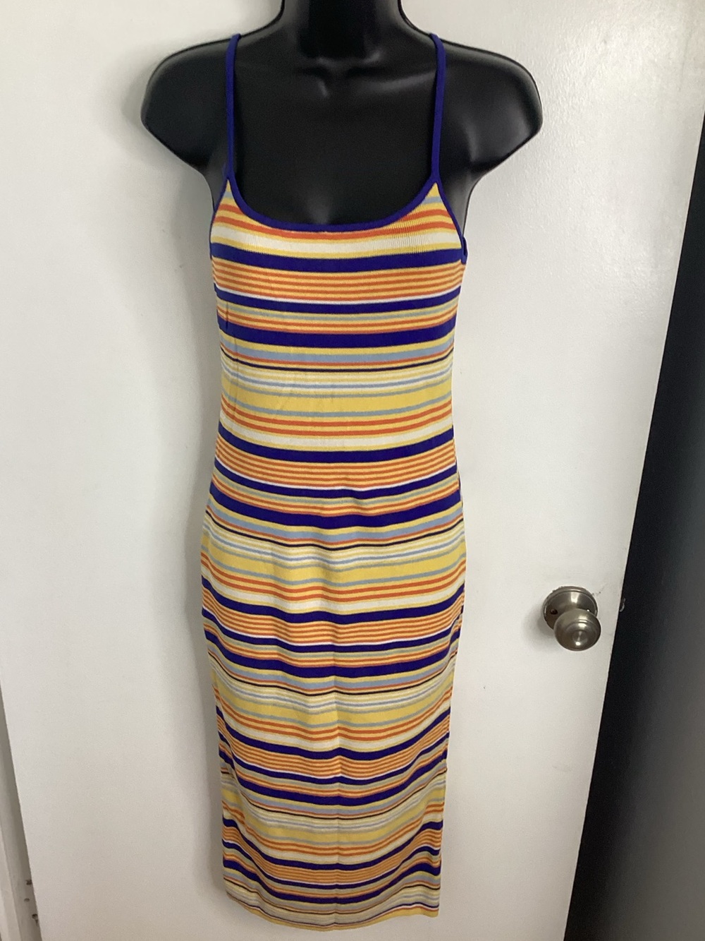 Striped Spaghetti‑Strap Midi Dress in Yellow & Purple M
